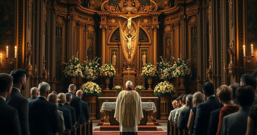 Realistyczne katolickie sceny pogrzebowe z kapłanem w liturgicznych szatach, w kościele przy ołtarzu z krzyżem, wśród modlących się wiernych, ukazujące powagę i tradycję katolickiego pożegnania.