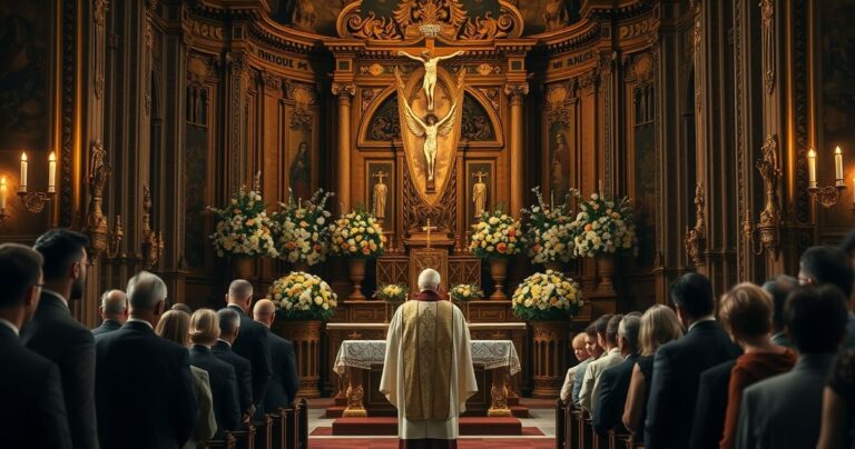 Realistyczne katolickie sceny pogrzebowe z kapłanem w liturgicznych szatach, w kościele przy ołtarzu z krzyżem, wśród modlących się wiernych, ukazujące powagę i tradycję katolickiego pożegnania.