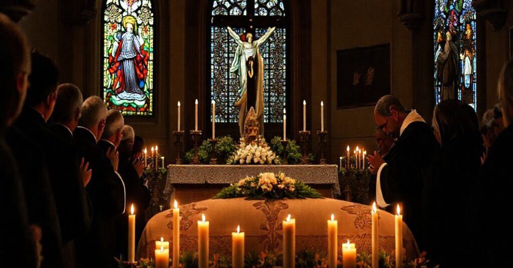 Tradycyjna katolicka msza pogrzebowa z księdzem w sutannie i surpelisie modlącego się przy trumnie otoczonej żałobnikami. Scena jest poważna z woskowymi świecami oświetlającymi ołtarz ozdobiony obrazami Serca Jezusa i Matki Boskiej Boleści. Na tle krzyż i witraż przedstawiający Chrystusa w chwale podkreślają nieuchronność sądu po śmierci.