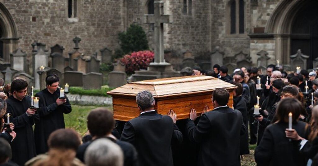 Procesja pogrzebowa z tradycyjną trumną w kościele katolickim, akcentujaca wiarę w zmartwychwstanie