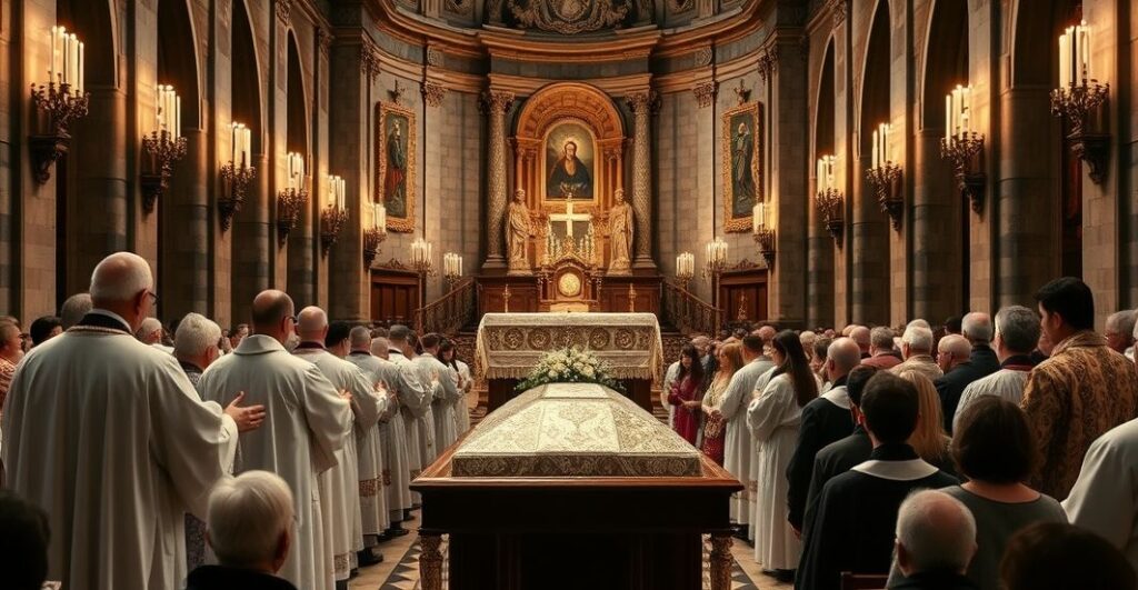 Realistyczne zdjęcie katolickiego pogrzebu w katedrze, z kapłanami odprawiającymi tradycyjną Mszę św., ukazujące powagę i wierność liturgii katolickiej