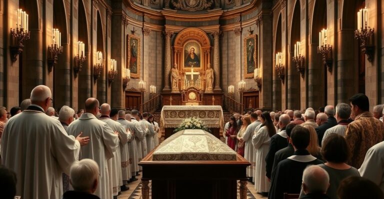 Realistyczne zdjęcie katolickiego pogrzebu w katedrze, z kapłanami odprawiającymi tradycyjną Mszę św., ukazujące powagę i wierność liturgii katolickiej