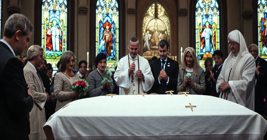 Uroczyści pogrzeb katolicki z modlitwą różańcową, rodziną w tradycyjnych strojach żałobnych i trumną ozdobioną krzyżami, na tle kościoła z witrażami przedstawiającymi Sąd Ostateczny.