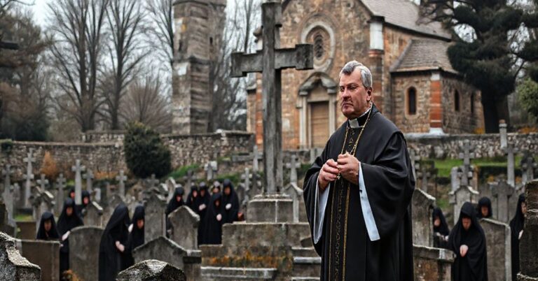 Pokorny grób na starym katolickim cmentarzu z tradycyjnym krzyżem i kapłanem w szatach liturgicznych.