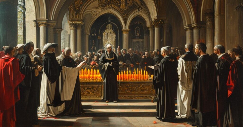 Sobór katolicki z kapłanem odprawiającym mszę za zmarłych w tradycyjnym kościele