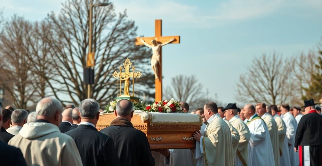 Realistyczne zdjęcie katolickiego pogrzebu z krzyżem i duchowieństwem w liturgicznych szatach, ukazujące powagę i sacrum tradycyjnego obrzędu pogrzebowego