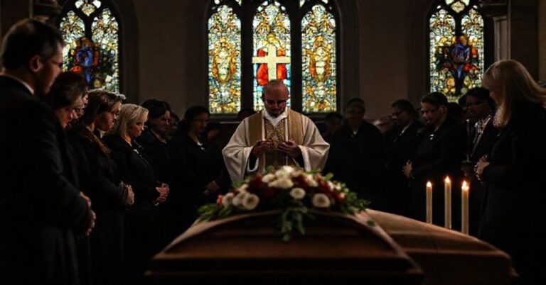 Realistyczne katolickie wydarzenie pogrzebowe z kapłanem w tradycyjnym stroju, symbolizujące prawdziwą religijność i szacunek dla sakramentów, bez nowoczesnych lub surrealistycznych elementów.