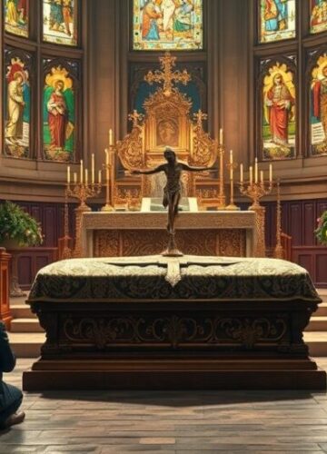 Requiem katolickie w tradycyjnym kościele odzwierciedlające kryzys moralny i potrzebę Bożej łaski Requiem katolickie w tradycyjnym wnętrzu kościoła z kapłanem, trumną i wiernymi modlącymi się, ukazujące duchową refleksję nad moralnym kryzysem i koniecznością Bożej łaski