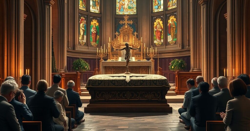 Requiem katolickie w tradycyjnym wnętrzu kościoła z kapłanem, trumną i wiernymi modlącymi się, ukazujące duchową refleksję nad moralnym kryzysem i koniecznością Bożej łaski