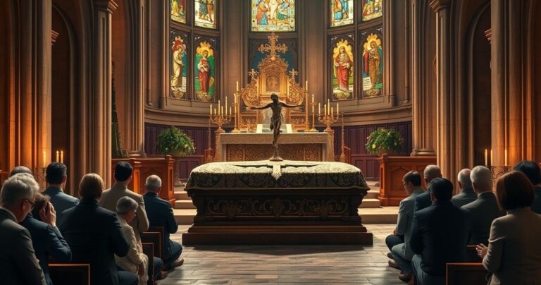 Requiem katolickie w tradycyjnym wnętrzu kościoła z kapłanem, trumną i wiernymi modlącymi się, ukazujące duchową refleksję nad moralnym kryzysem i koniecznością Bożej łaski