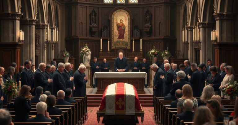 Requiem Catholic funeral scena w tradycyjnym kościele z kapłanami i konduktem pogrzebowym, wyrazem szacunku i żałoby w duchu katolickim