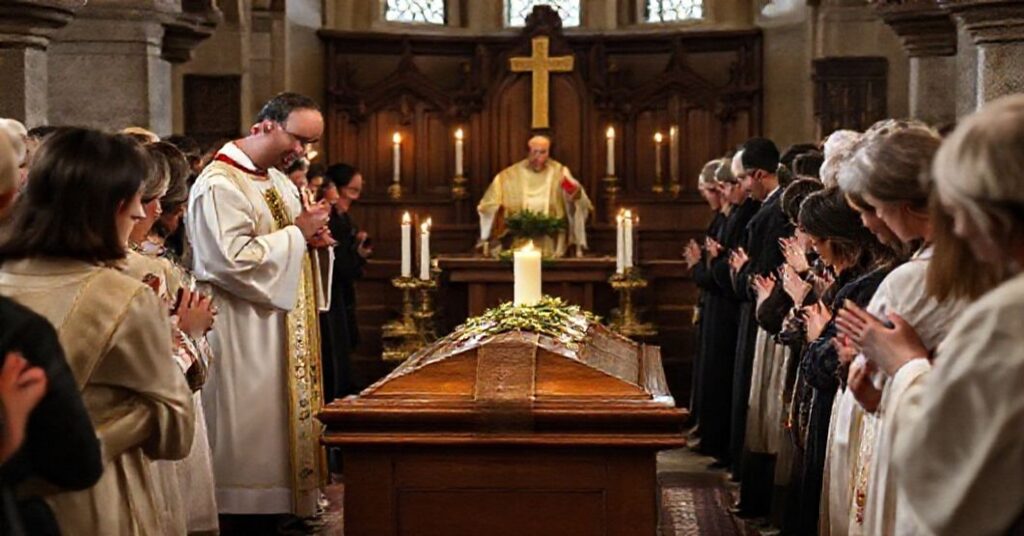 Scena pogrzebowa w tradycyjnym kościele katolickim z księdzem w ornacie prowadzącym uroczystość. Drewniana trumna ozdobiona свеcami i symbolami religijnymi otoczona jest żałobnikami w modlitwie. Atmosfera jest poważna i żałosna, podkreślająca duchowy wymiar śmierci i nadzieję na zmartwychwstanie.