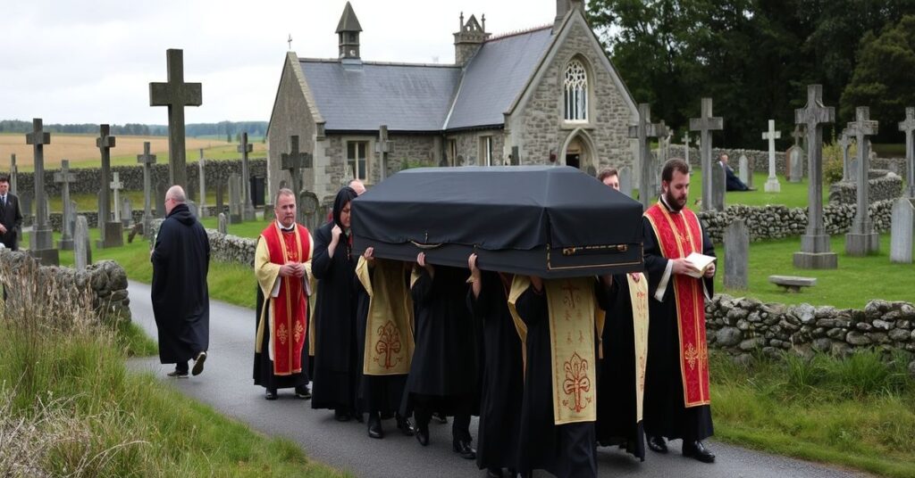 Pogrzeb katolicki w Irlandii z kapłanem w tradycyjnych szatach liturgicznych i trumną otoczoną przez żałobników w malowniczej wsi irlandzkiej z kościołem i kamiennymi krzyżami w tle.