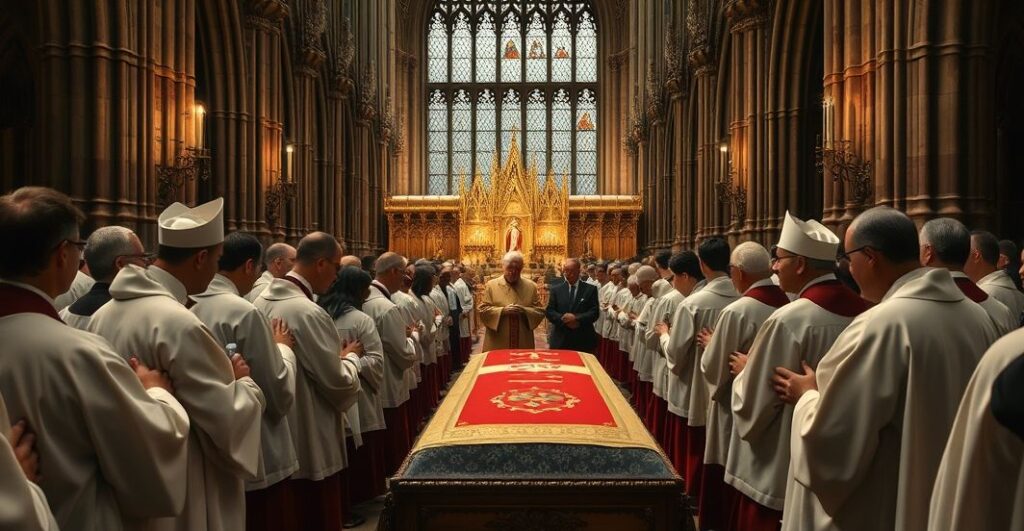 Realistyczne, nabożne zdjęcie tradycyjnego katolickiego pogrzebu w Westminster, z duchownymi i rodziną królewską, podkreślające autentyczną liturgię i powagę sakramentu
