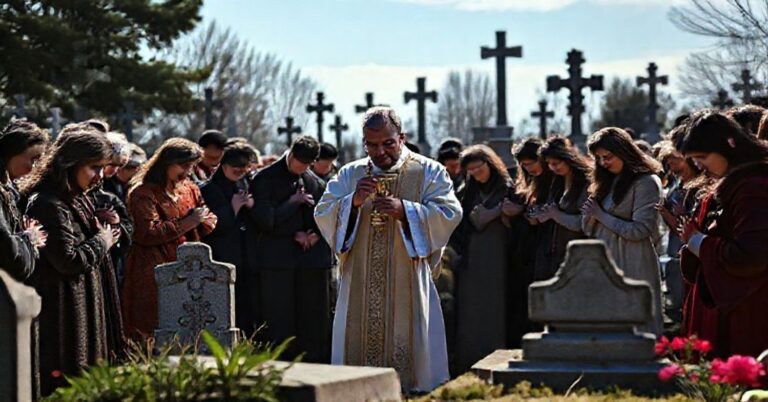 Scena pogrzebowa na katolickim cmentarzu z kapłanem w liturgicznych szatach i wiernymi modlącymi się przy grobie.
