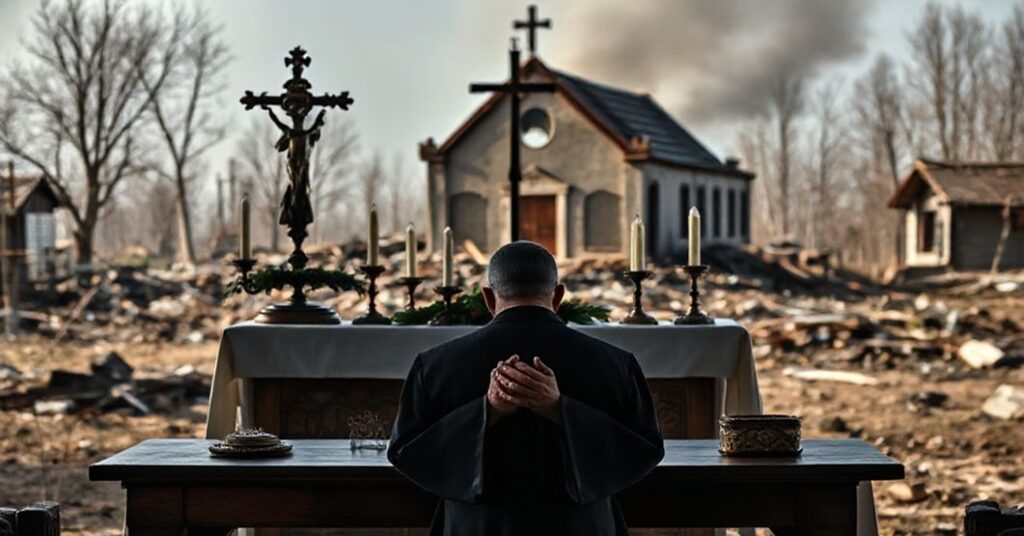Tradycyjny katolicki ołtarz z krzyżem i zapalonymi świecami na tle zniszczonej ukraińskiej wioski. Na pierwszym planie - przerażony ksiądz w pełnym stroju liturgicznym.