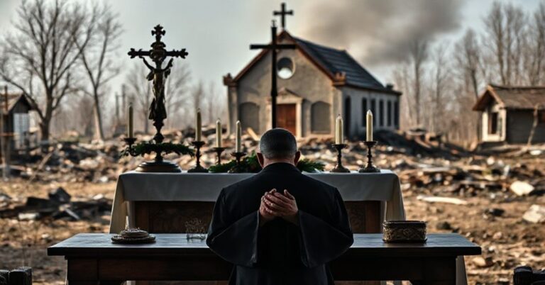 Tradycyjny katolicki ołtarz z krzyżem i zapalonymi świecami na tle zniszczonej ukraińskiej wioski. Na pierwszym planie - przerażony ksiądz w pełnym stroju liturgicznym.
