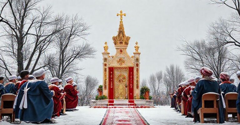 Kapłan modli się przed obrazem Chrystusa Króla w kościele ze zniszczonymi miastami w tle