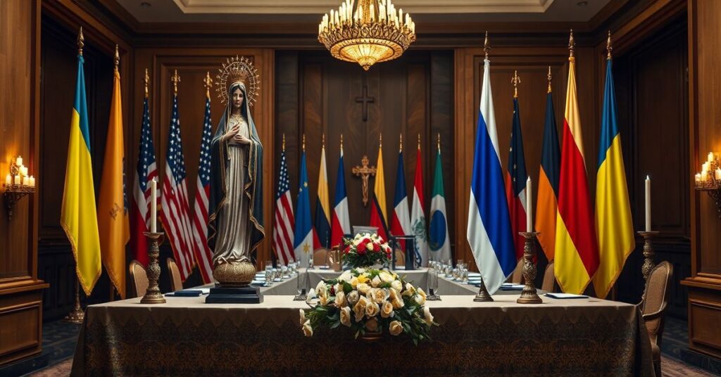 Ołtarz katolicki z figurami Matki Boskiej Fatimskiej i Chrystusa Króla z flagami Ukrainy i Rosji na tle siedzib dyplomatycznych w Abu Zabi