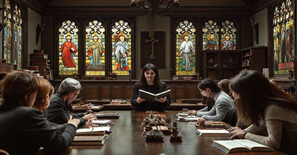 Tradacyjny katolicki pokój lekcyjny z profesorem Aną Lazcano i studentami dyskutującymi o sztucznej inteligencji w świetle tradycyjnych wartości kościelnych.