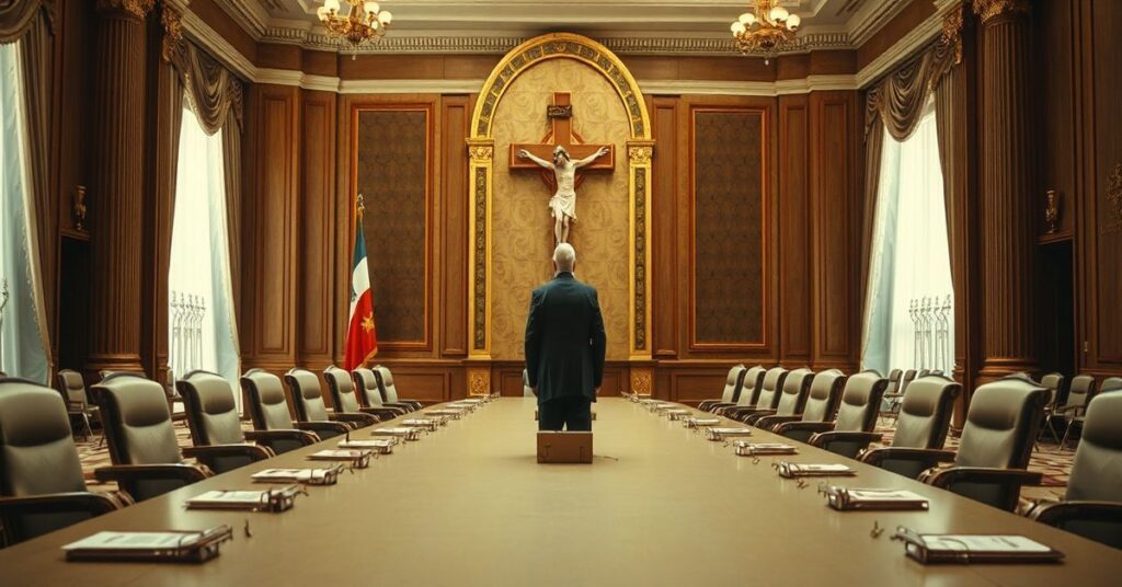 Uroczysty scenariusz katolicki przedstawiający nieudane rozmowy pokojowe w Abu Zabi