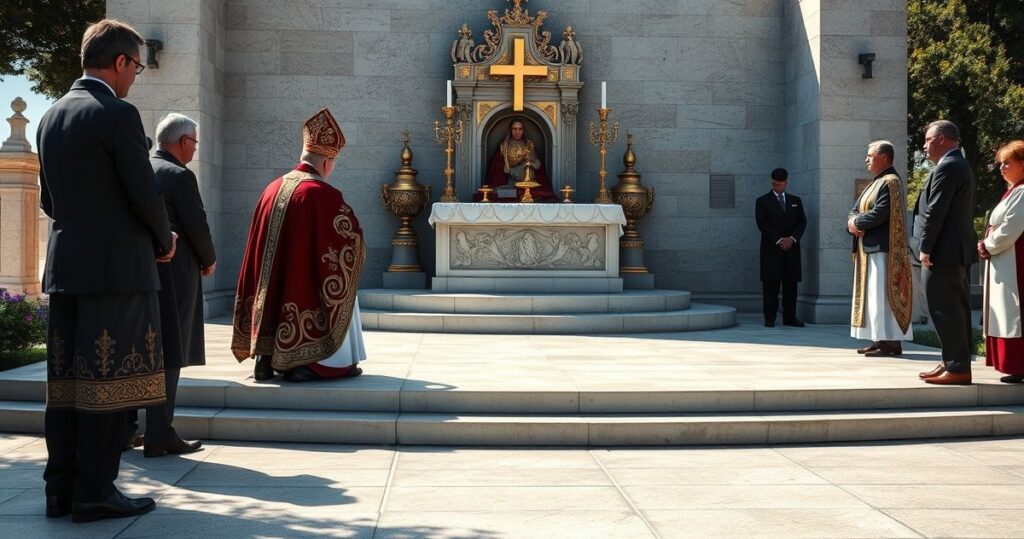 Rewersyjne zdjęcie katolickiego pomnika ofiar komunizmu w Saint-Raphael, z kapłanami modlącymi się przed Najświętszym Sakramentem, ukazujące duchową głębię i szacunek