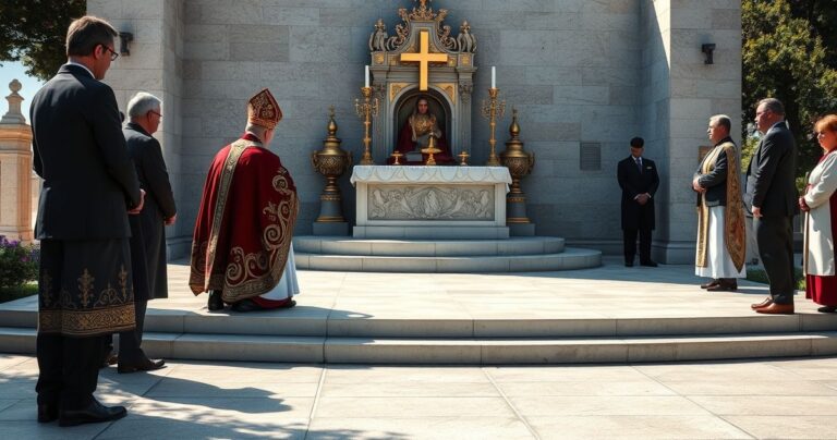 Rewersyjne zdjęcie katolickiego pomnika ofiar komunizmu w Saint-Raphael, z kapłanami modlącymi się przed Najświętszym Sakramentem, ukazujące duchową głębię i szacunek