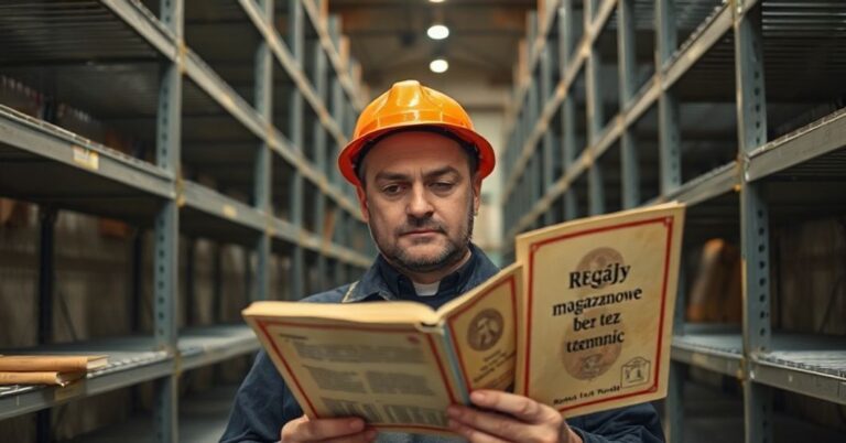 Pracownik katolicki w magazynie otoczony pustymi metalowymi regałami, patrzący z troską na techniczny podręcznik o regałach magazynowych.