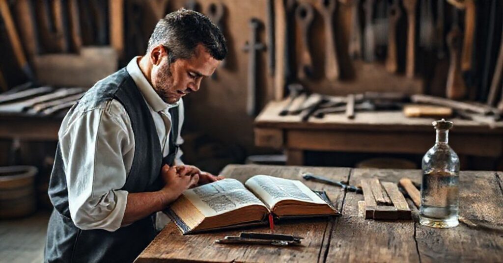 Pracownik katolicki w tradycyjnym stroju modli się przy biurku z Biblią i narzędziami, symbolizując jedność pracy i wiary.