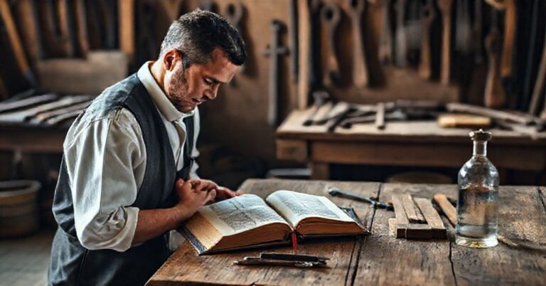 Pracownik katolicki w tradycyjnym stroju modli się przy biurku z Biblią i narzędziami, symbolizując jedność pracy i wiary.