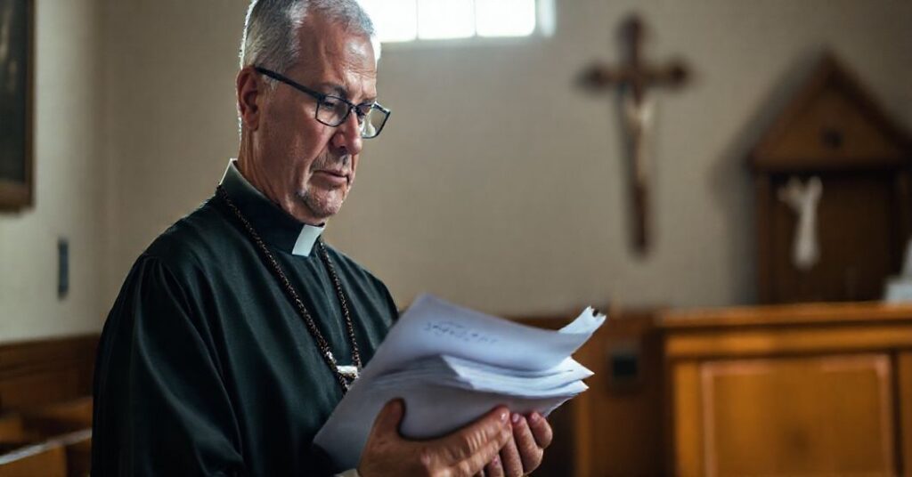 Prawnik katolicki modlący się przed obrazem Chrystusa w koście, z dokumentami o wyjątkach aborcyjnych