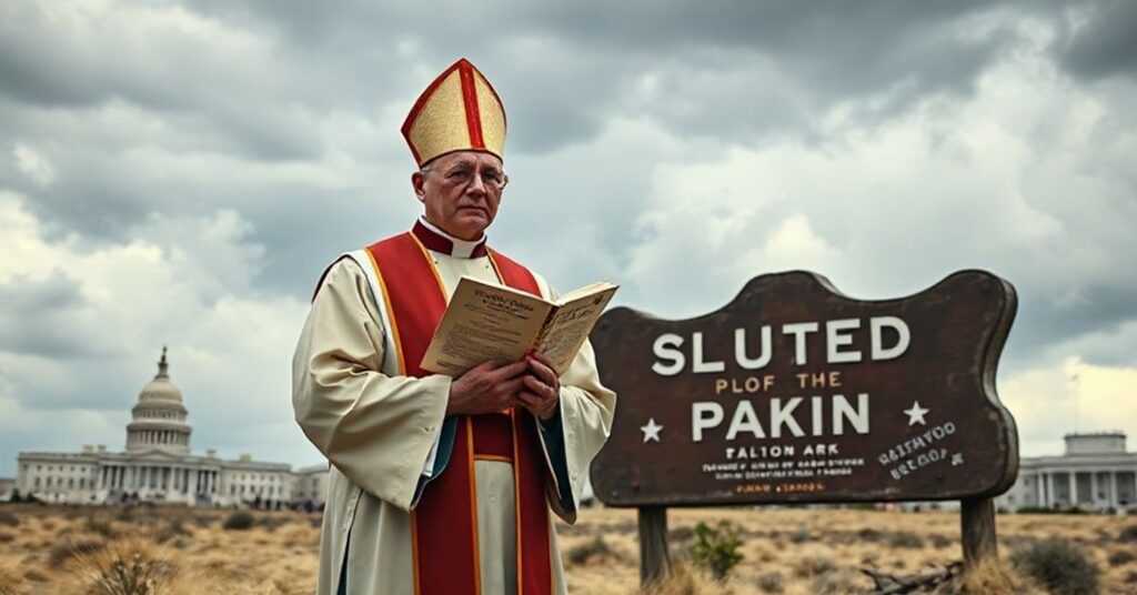 Prawnik katolicki w tradycyjnych szatach kościelnych przed zamkniętym parkiem narodowym; symbolizuje duchową pustkę narodu, który odrzucił Chrystusa Króla