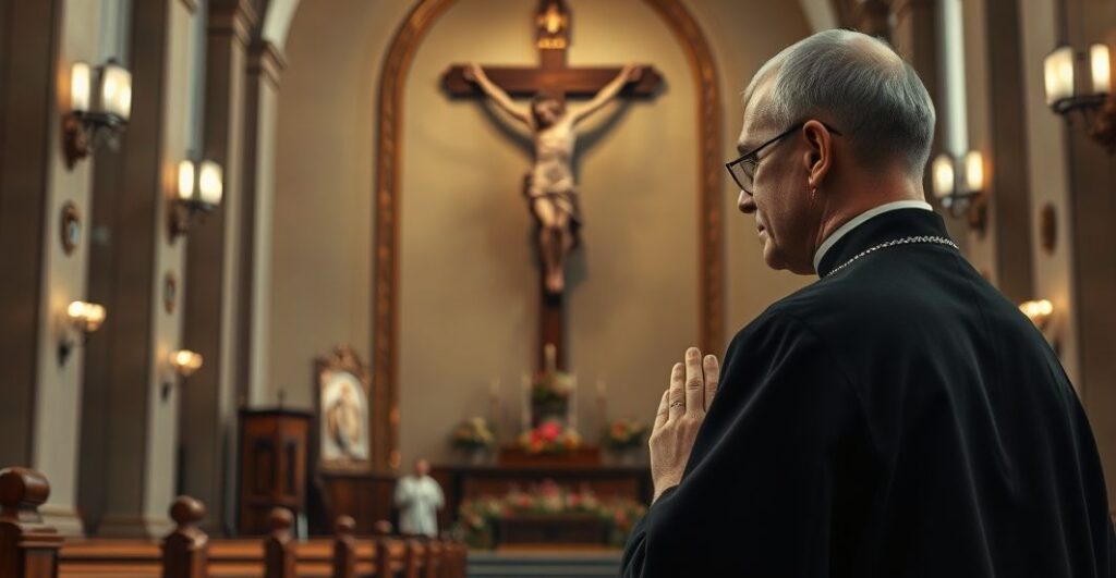 Kapłan w czarnej sutannie modli się przed krzyżem w tradycyjnej katolickiej świątyni, symbolizując troskę o prawdziwą wiarę i sprzeciw wobec modernistycznych tendencji w Kościele.