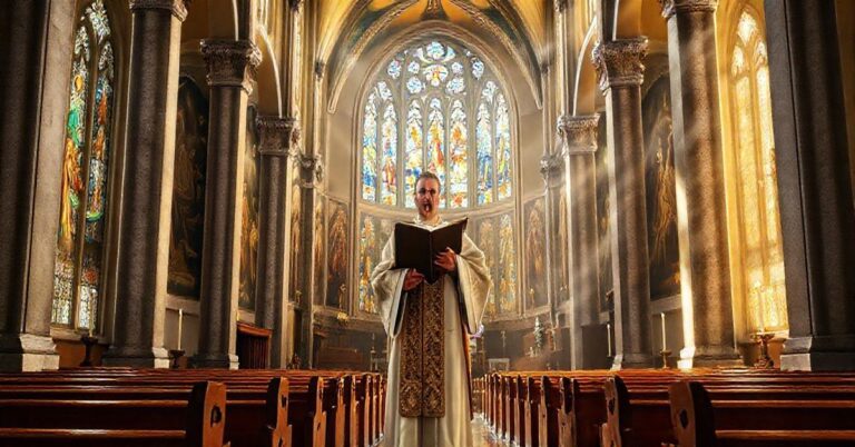 Duchown katolicki w liturgicznej szacie czyta Pismo Święte w konsekrowanej świątyni, ukazując powagę i wiarę