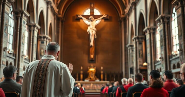 Kapłan katolicki modlący się przed krzyżem w historycznym kościele, ukazujący powagę i pokorę w kontekście duchowej i moralnej krytyki współczesnych zdrad i modernistycznych tendencji