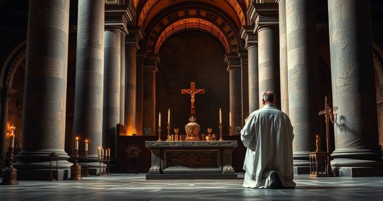 Realistyczny, pełen szacunku obraz katolickiego kapłana modlącego się przed starożytnym ołtarzem, z artefaktami i architekturą rzymską w tle, podkreślający kontynuację katolickiej tradycji i duchowości.