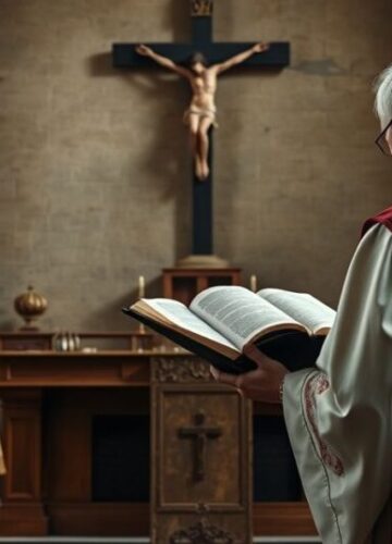 Reverentny katolicki kapłan w tradycyjnym kościele, symbol wierności nauce Kościoła Reverent katolicki kapłan w tradycyjnym stroju, czytający Pismo Święte w skromnym kościele, symbolizujący troskę o wierność tradycji i ostrzeżenie przed modernistycznymi tendencjami