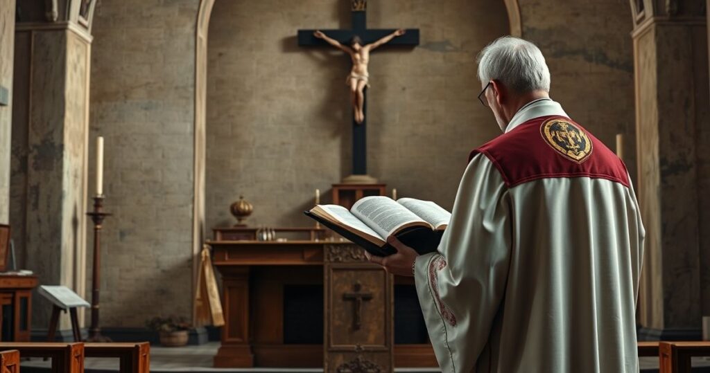 Reverent katolicki kapłan w tradycyjnym stroju, czytający Pismo Święte w skromnym kościele, symbolizujący troskę o wierność tradycji i ostrzeżenie przed modernistycznymi tendencjami