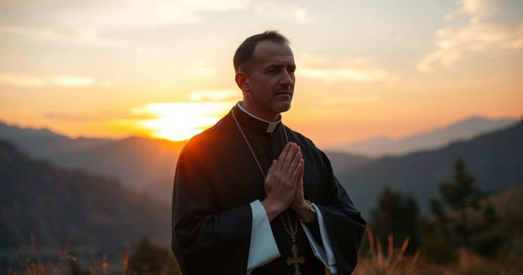 Rewersentywny obraz katolickiego kapłana modlącego się na tle górskiego krajobrazu podczas zachodu słońca, symbolizujący duchową refleksję nad śmiercią i zbawieniem.