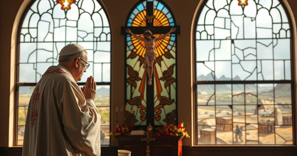 Szczegółowy, realistyczny obraz katolickiego kapłana modlącego się w kościele z widokiem na zniszczoną wojną ziemię, symbolizujący potrzebę Bożego panowania i sprawiedliwości.