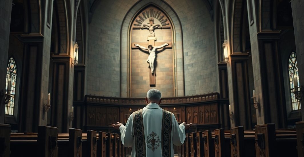 Katolicki kapłan modli się w kościele podczas kryzysu moralnego Katolicki kapłan modli się w kościele przed krucyfiksem, symbolizując powagę i kontrowersje wokół tematu modlitwy i moralności