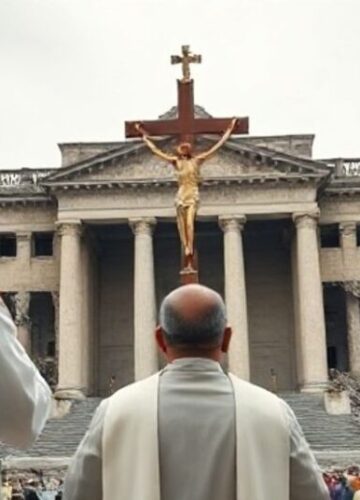 Katolicki kapłan modli się przed krzyżem z zniszczonym parlamentem Nepalu w tle Rewerentny obraz katolickiego kapłana modlącego się przed krzyżem, z zniszczonym budynkiem parlamentu Nepalu w tle, symbolizujący upadek Bożego porządku podczas chaosu politycznego