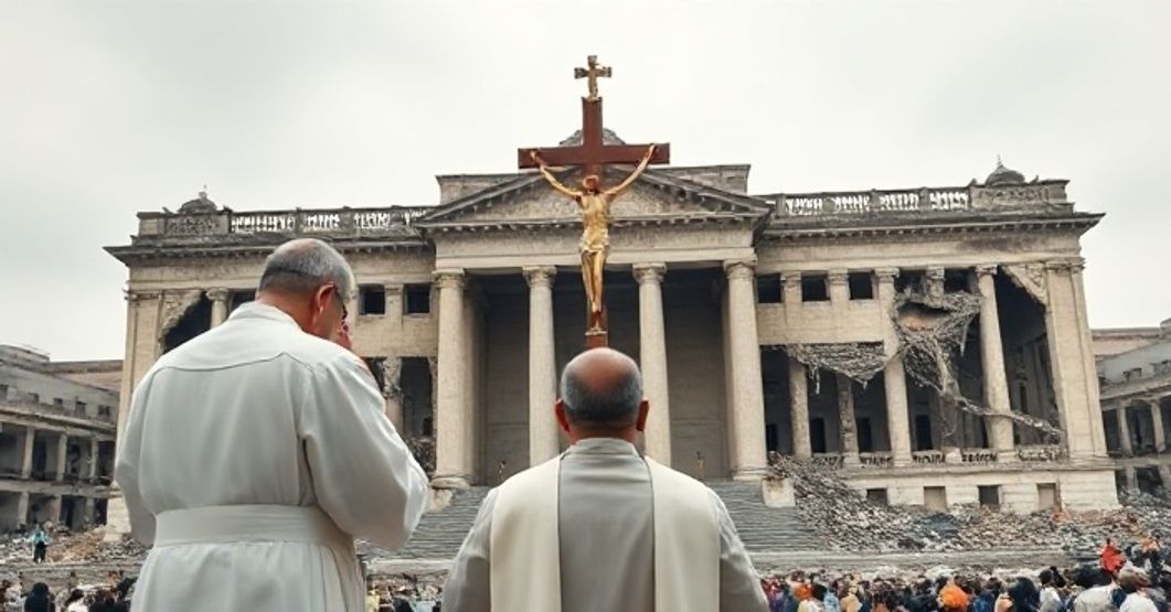 Rewerentny obraz katolickiego kapłana modlącego się przed krzyżem, z zniszczonym budynkiem parlamentu Nepalu w tle, symbolizujący upadek Bożego porządku podczas chaosu politycznego