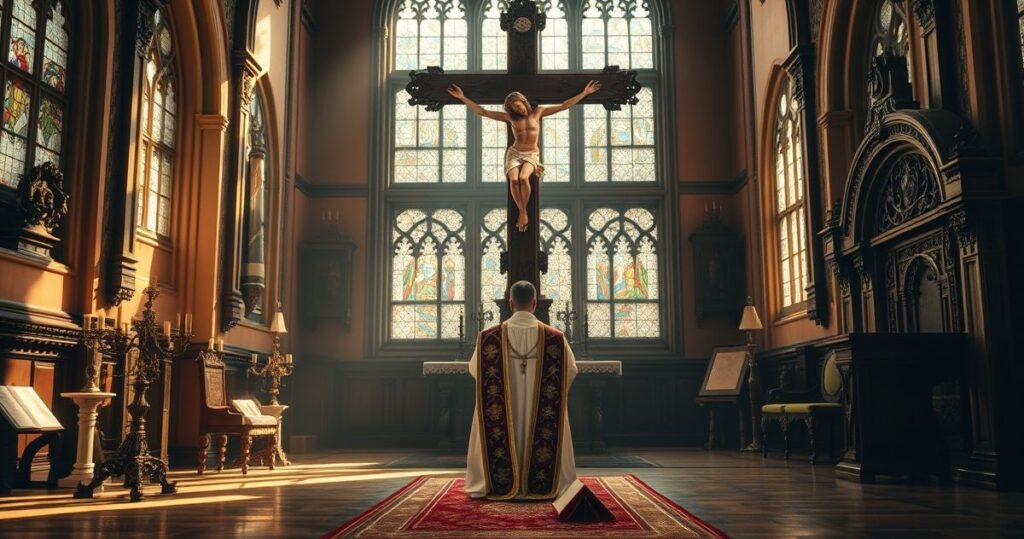 Obraz przedstawiający tradycyjną katolicką świątynię z kapłanem w modlitwie przy krzyżu, symbolizujący wierność nauce Kościoła.