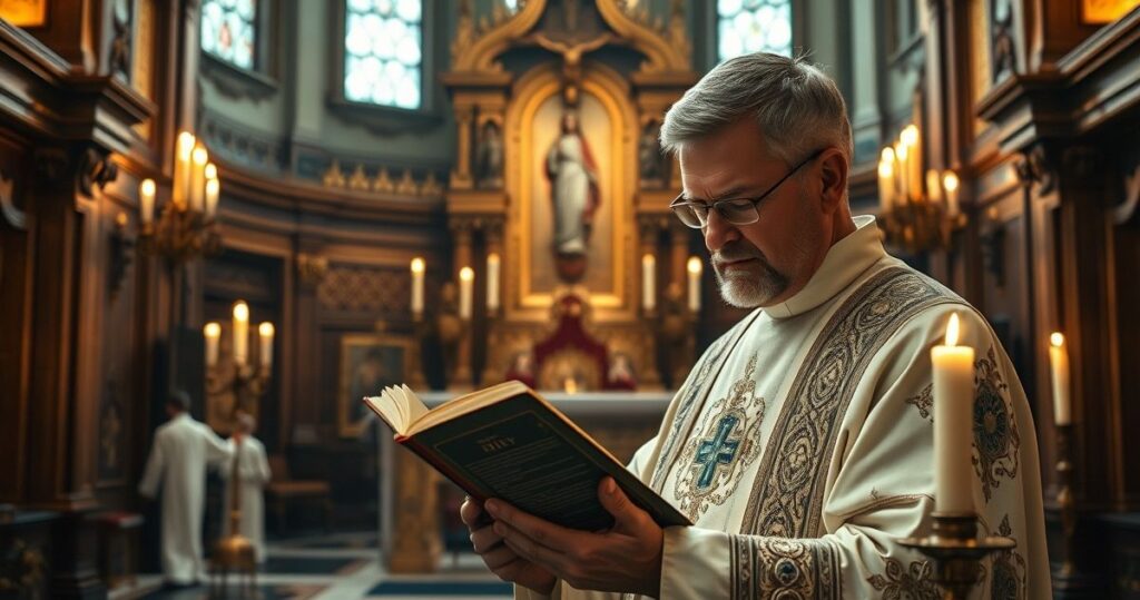 Realistyczny obraz katolickiego kapłana czytającego Biblię w kościele z świecami, podkreślający wierność naukom Kościoła, duchową głębię i pobożność.