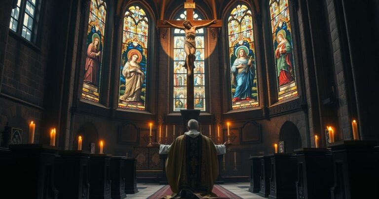 Reverent katolicki ksiądz modlący się przed krzyżem w historycznym kościele, symbolizujący potrzebę prawdziwej religii i duchowego przywództwa wobec chaosu społeczeństwa