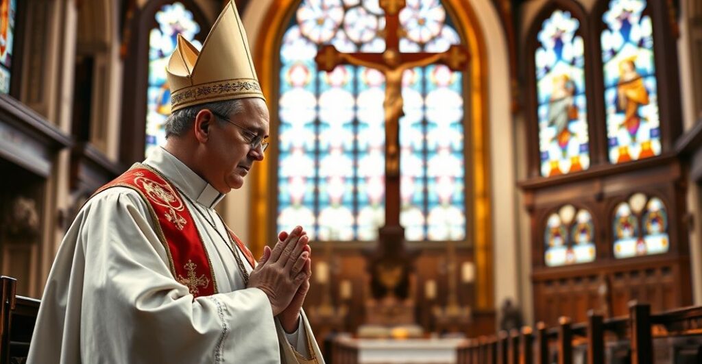Katolicki duchowny modli się w kościele, symbolizując duchową obronę Królestwa Chrystusa w obliczu współczesnych konfliktów