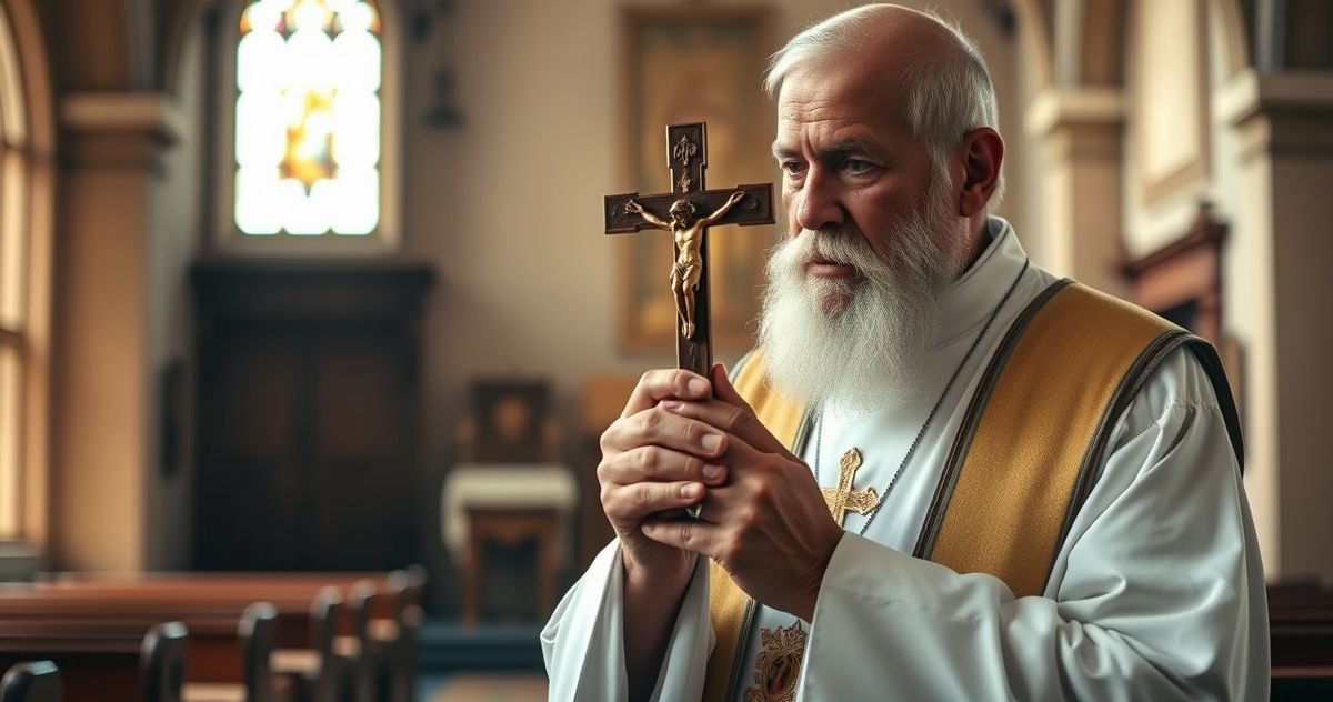Realistyczne, pełne szacunku zdjęcie katolickiego kapłana trzymającego krucyfiks w skromnym wnętrzu kościoła, oddające duchową głębię i pokorę.