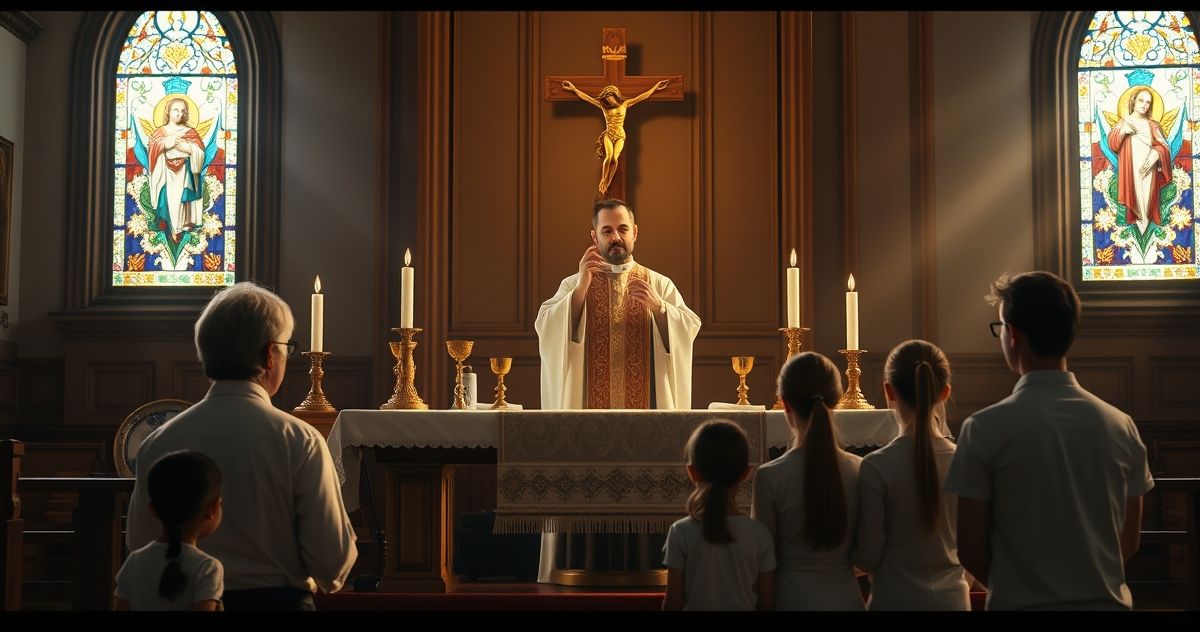 Fotorealistyczne, pełne szacunku przedstawienie kapłana w modlitwie z rodziną przy ołtarzu, symbolizujące autentyczną katolicką troskę o dusze i prawo Boże.