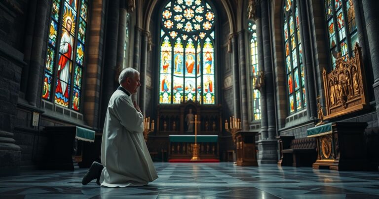 Realistyczne zdjęcie katolickiego kapłana w modlitwie w świątyni, ukazujące pokorę i ducha religijnej pokory w tradycyjnym katolickim kontekście